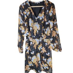 DANIEL RAINN Black Brown Leaf Floral Parnika Button Career Peasant Dress SZ M